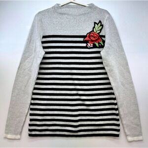 Ann Taylor Factory Striped Mock Neck Floral Applique Sweater Sz XS Preppy